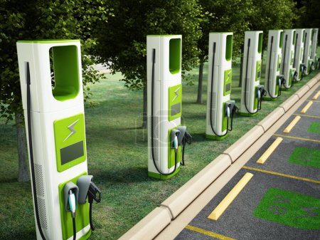 Téléchargez les photos : Borne de recharge de voiture électrique au parking. Technologies de transport futures et concept d'énergie propre. Illustration 3D. - en image libre de droit