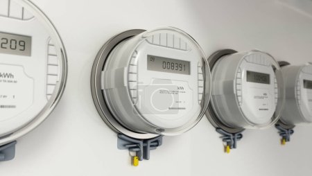 Row of electricity meters on the wall. 3D illustration.
