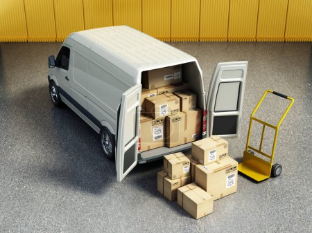 Photo for Stack of cardboard boxes standing near open cargo van rear door. Cargo distribution and transportation concept. 3D illustration. - Royalty Free Image