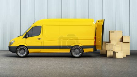 Photo for Stack of cardboard boxes standing near open cargo van rear door. Cargo distribution and transportation concept. 3D illustration. - Royalty Free Image