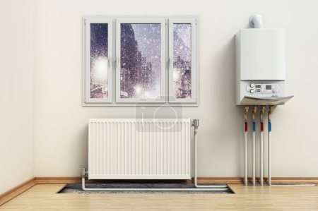 Combi boiler on the house wall, next to the heating radiator. Visible installation of heating tubes. 3D illustration.