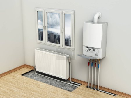 Photo for Combi boiler on the house wall, next to the heating radiator. Visible installation of heating tubes. 3D illustration. - Royalty Free Image