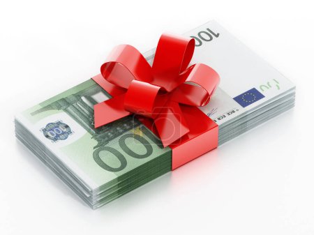 Photo for 100 euro bills with red ribbon isolated on white background. 3D illustration. - Royalty Free Image