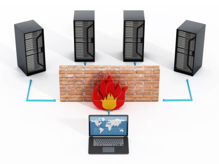 Téléchargez les photos : Network security concept with a brick wall in front of laptop computer. 3D illustration. - en image libre de droit