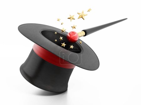 Foto de Magician hat and wand isolated on white background. 3D illustration. - Imagen libre de derechos