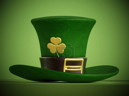 Foto de Leprechaun's green hat on green background. 3D illustration. - Imagen libre de derechos