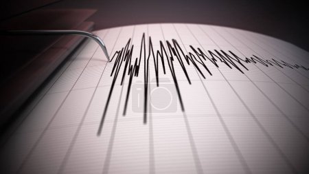 Foto de Datos sismógrafos de un gran terremoto. Ondas sísmicas en la página del informe. Ilustración 3D. - Imagen libre de derechos