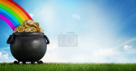 Photo for Pot of gold at the end of the rainbow. Copy space on the right. 3D illustration. - Royalty Free Image