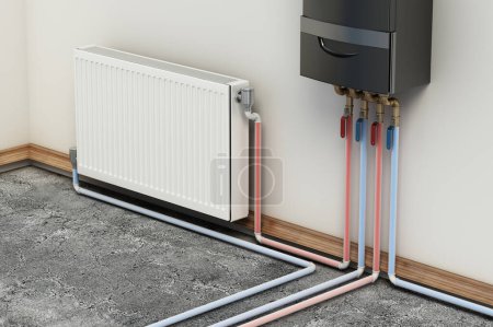 Photo for Combi boiler on the house wall, next to the heating radiator. Radiator pipes diagram. 3D illustration. - Royalty Free Image