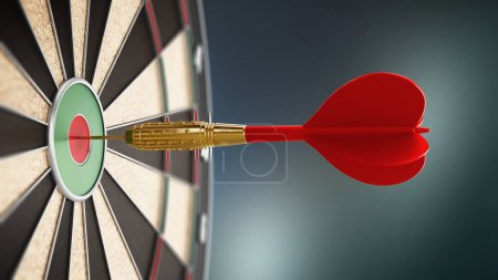 Foto de Dart needle hit at the center of the dartboard. Success concept. 3D illustration. - Imagen libre de derechos