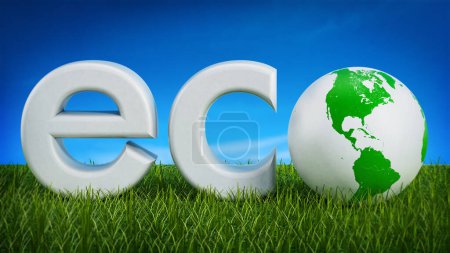 Eco text with globe on grass against blue sky. 3D illustration.