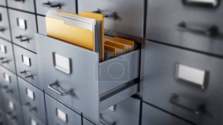 Filing cabinet with a single yellow folder in an open drawer. 3D illustration.