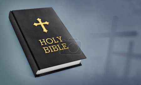 Photo for Holy Bible and crosses on gray background. 3D illustration. - Royalty Free Image