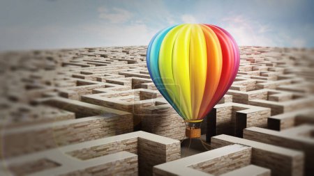 Photo for Multi-colored hot air balloon on maze. 3D illustration. - Royalty Free Image