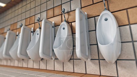 Public restroom with urinals hanging on the walls. 3D illustration.