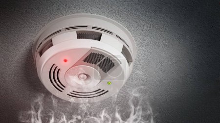 Alarming smoke detector on the ceiling. 3D illustration.