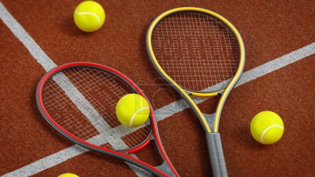 Tennis rackets and balls on hard court. 3D illustration.