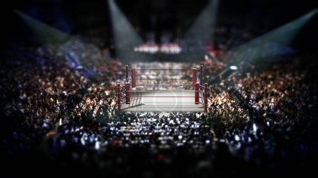 Empty boxing ring surrounded with spectators. 3D illustration.
