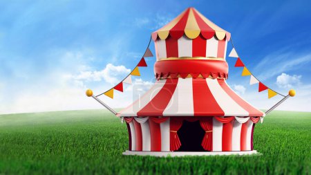Circus tent standing on green field against blue sky. 3D illustration.