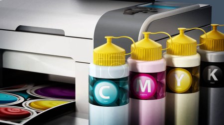 CMYK ink filling bottles and inkjet printer isolated on white background. 3D illustration.