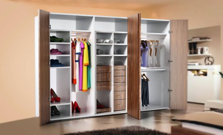 Photo for Open wardrobe full of clothes standing on parquet floor. 3D illustration. - Royalty Free Image