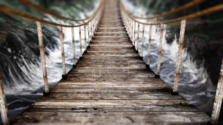 Téléchargez les photos : Vieux pont suspendu en bois sur la rivière sauvage. Illustration 3D. - en image libre de droit