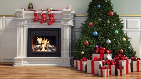 Téléchargez les photos : Arbre de Noël et cadeaux sur le parquet à côté de la cheminée en feu. Illustration 3D. - en image libre de droit