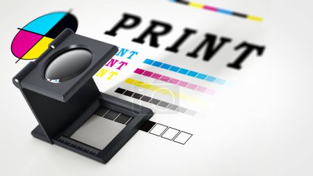 Drucklupe auf Farbprüfpapier stehend. 3D-Illustration.
