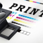 Printing loupe standing on colour test paper. 3D illustration.