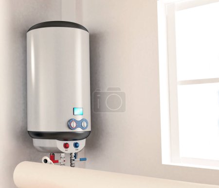 Water heater hanging on the wall. 3D illustration.