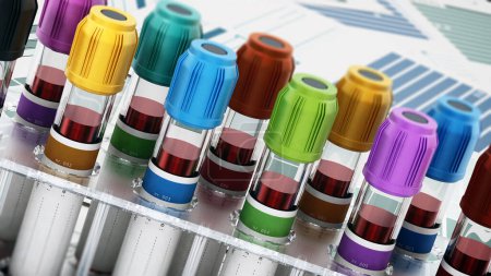 Téléchargez les photos : Flacons de sang avec couvercles colorés vibrants debout sur des formes médicales. Illustration 3D
. - en image libre de droit