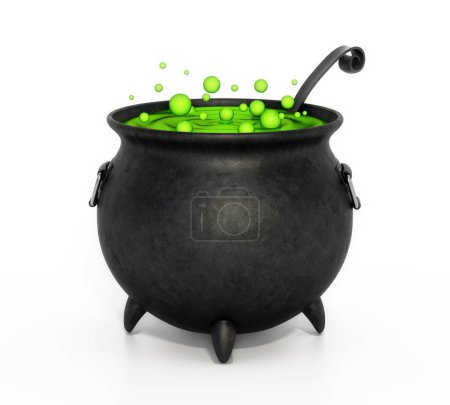 Foto de Caldero de brujas lleno de líquido burbujeante verde aislado sobre fondo blanco. Ilustración 3D. - Imagen libre de derechos