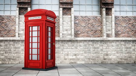Red British phone booth in the street. 3D illustration.