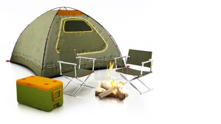 Campingzelt, Sitze, Feuer und Kühler isoliert auf weißem Hintergrund. 3D-Illustration.