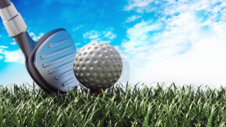 Golf club and ball standing on green grass. 3D illustration.