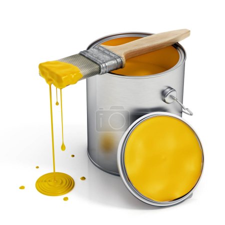 Ouvrir la boîte de peinture et brosser avec la peinture jaune goutte à goutte isolé sur blanc. Illustration 3D.