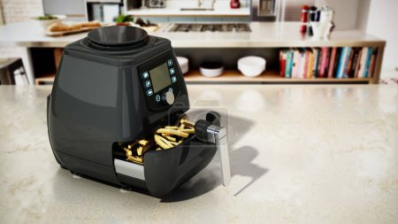 Air fryer with fried potatoes standing on kitchen counter. 3D illustration.