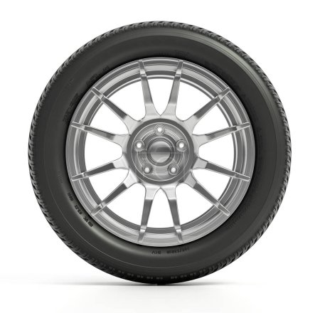 Roue et pneu de voiture générique isolés sur fond blanc. Illustration 3D.