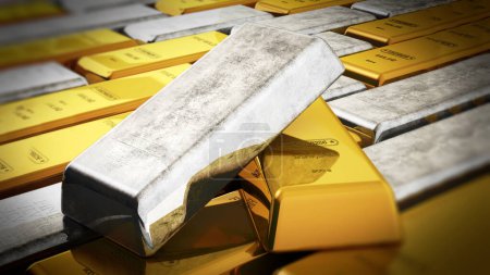 Stack of gold and silver ingots. 3D illustration.