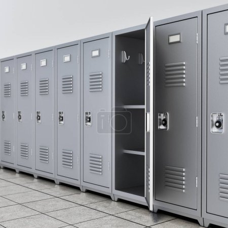 Armarios de almacenamiento de armarios metálicos para la escuela, gimnasio o gimnasio en una fila. Ilustración 3D.