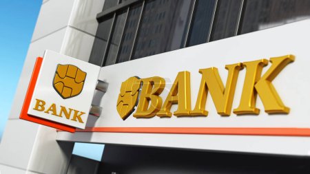 Letrero del banco con logotipo ficticio en el exterior del edificio. Ilustración 3D
.