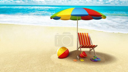 Foto de Sombrilla de playa, tumbona y juguetes de playa a orillas del mar. Ilustración 3D. - Imagen libre de derechos