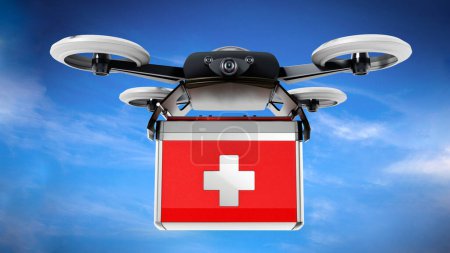 Foto de Drone que lleva caja de medicinas de metal. Ilustración 3D
. - Imagen libre de derechos