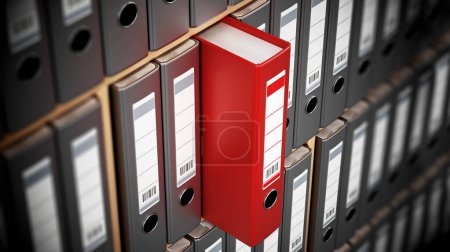 Téléchargez les photos : Dossier rouge se démarquant parmi les noirs à l'intérieur des étagères en bois. Illustration 3D
. - en image libre de droit