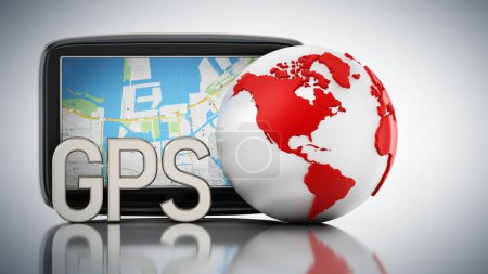 GPS-Text, Globus und Gerät mit Kartenbildschirm. 3D-Illustration.