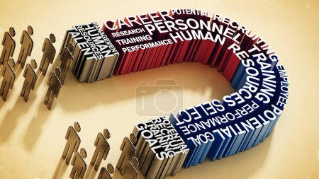 Photo for Human resources related keywords forming horseshoe magnet attracts people. 3D illustration. - Royalty Free Image