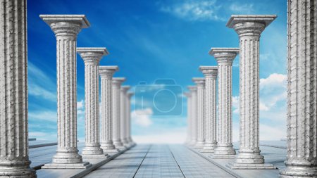 Téléchargez les photos : Ruines antiques de piliers grecs contre le ciel bleu. Illustration 3D
. - en image libre de droit