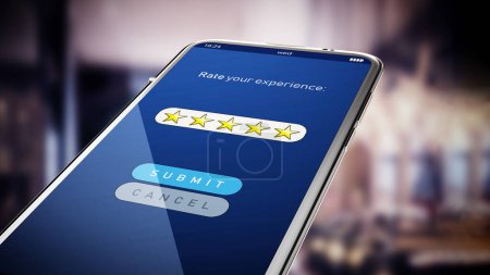 Photo for Five stars rating screen on smartphone. 3D illustration. - Royalty Free Image