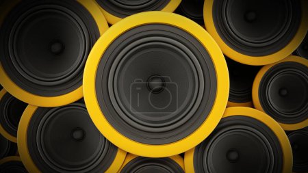 Black and yellow speakers background. 3D illustration.