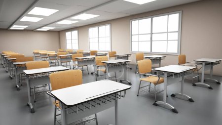 Téléchargez les photos : Rangées de bureaux d'étudiants à l'intérieur de la classe. Illustration 3D. - en image libre de droit